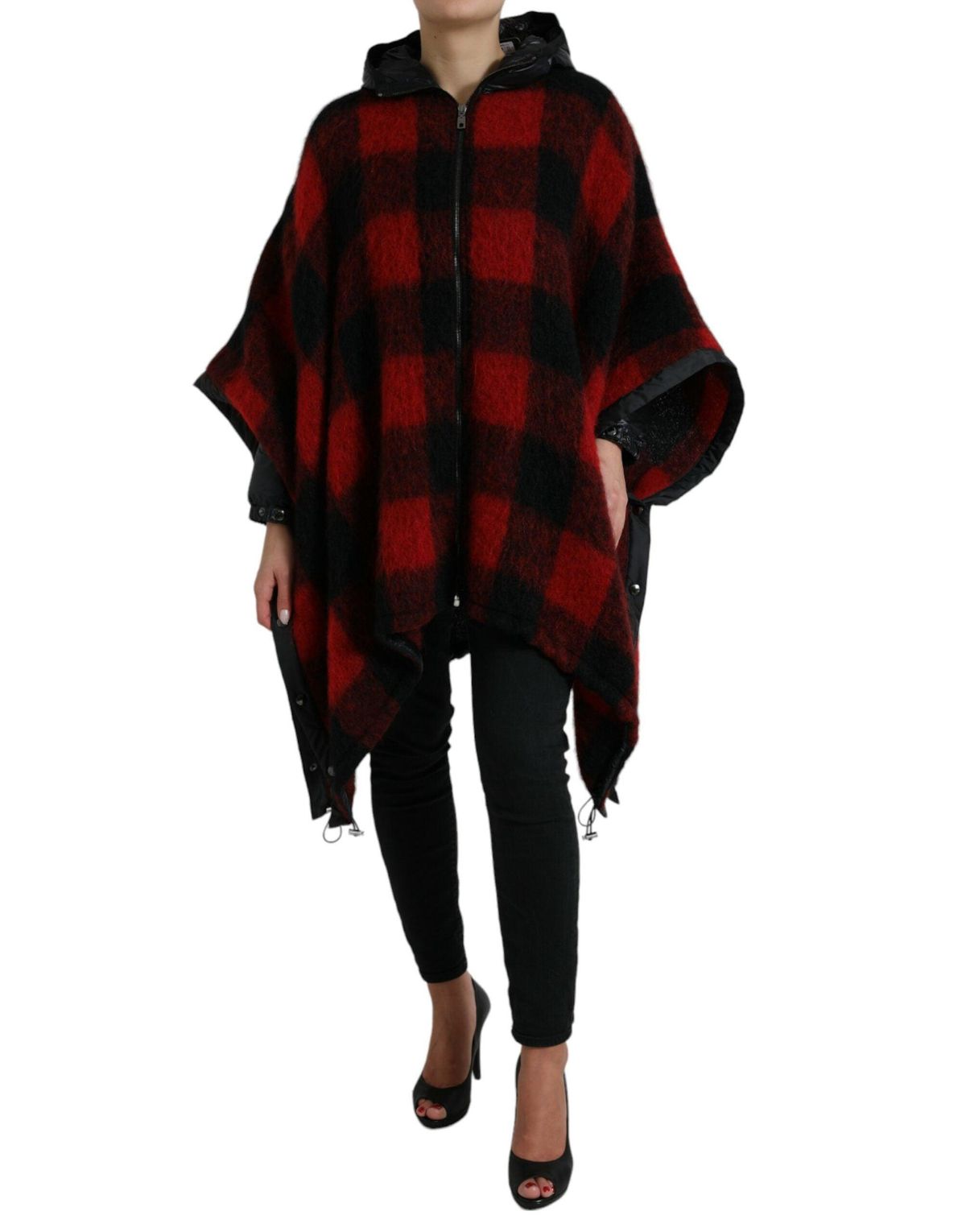 Dolce & Gabbana Sort Rød Buffalo Check Hooded Poncho Jakke & Frakke