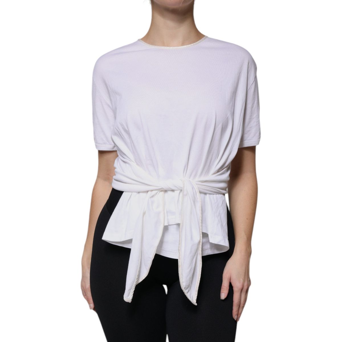 Dolce & Gabbana White Cotton Silk Round Neck Wrap Blouse Top