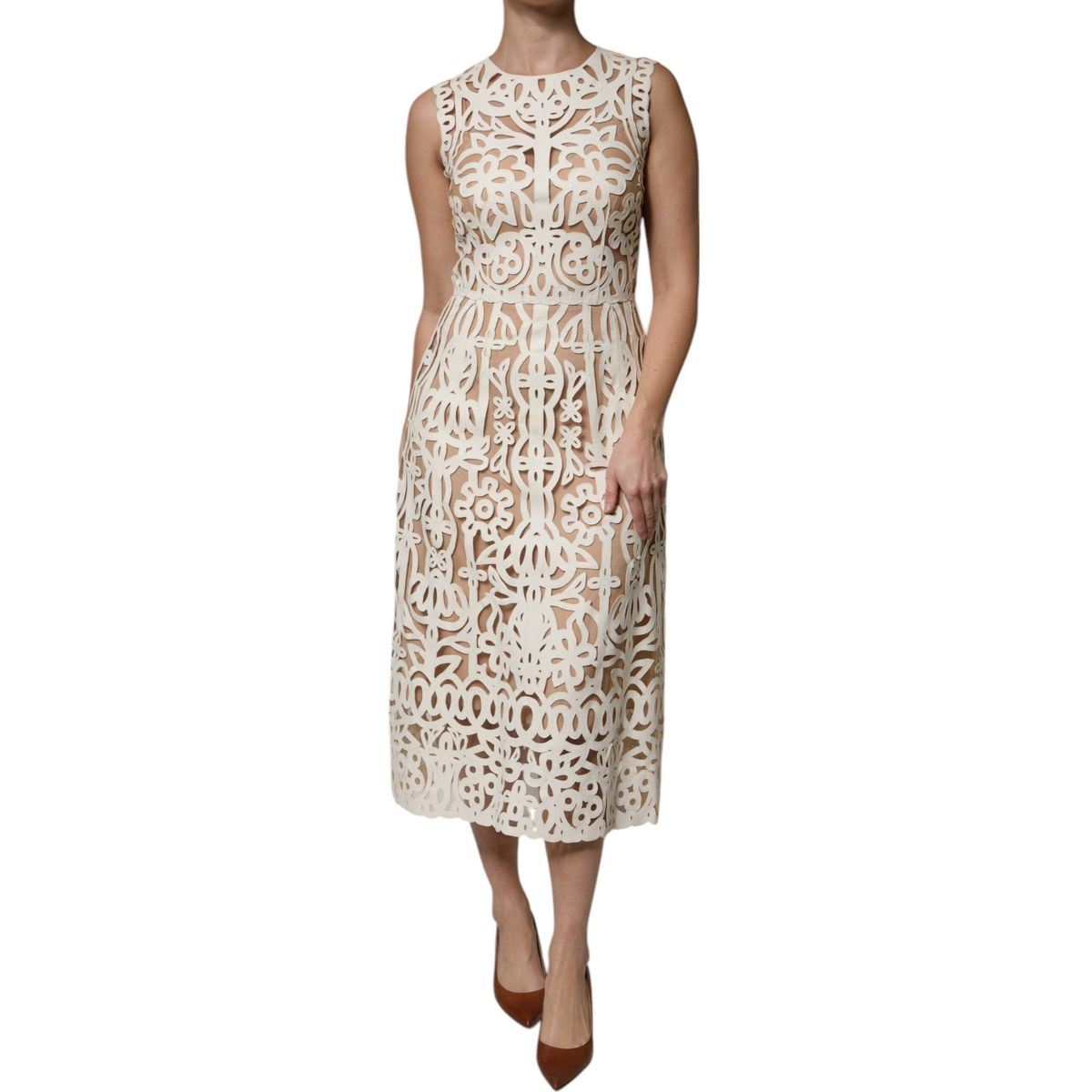 Dolce & Gabbana White Cut Out Leather Sleeveless Midi Dress