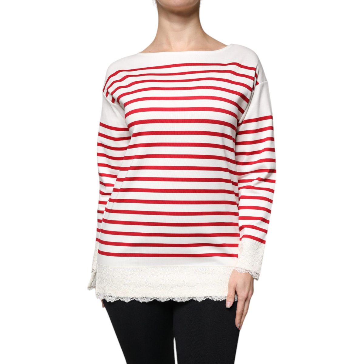 Dolce & Gabbana White Red Stripes Cotton Long Sleeves Top