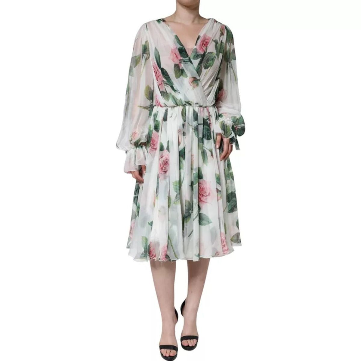 Dolce & Gabbana White Silk Floral Print A-line Midi Dress