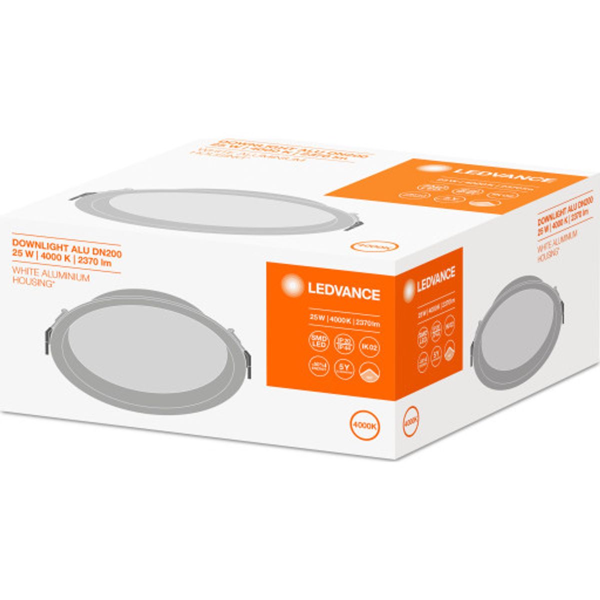 Downlight Alu 200 LED 25W 4000K, 2370 lumen, Ø215 mm, IP44