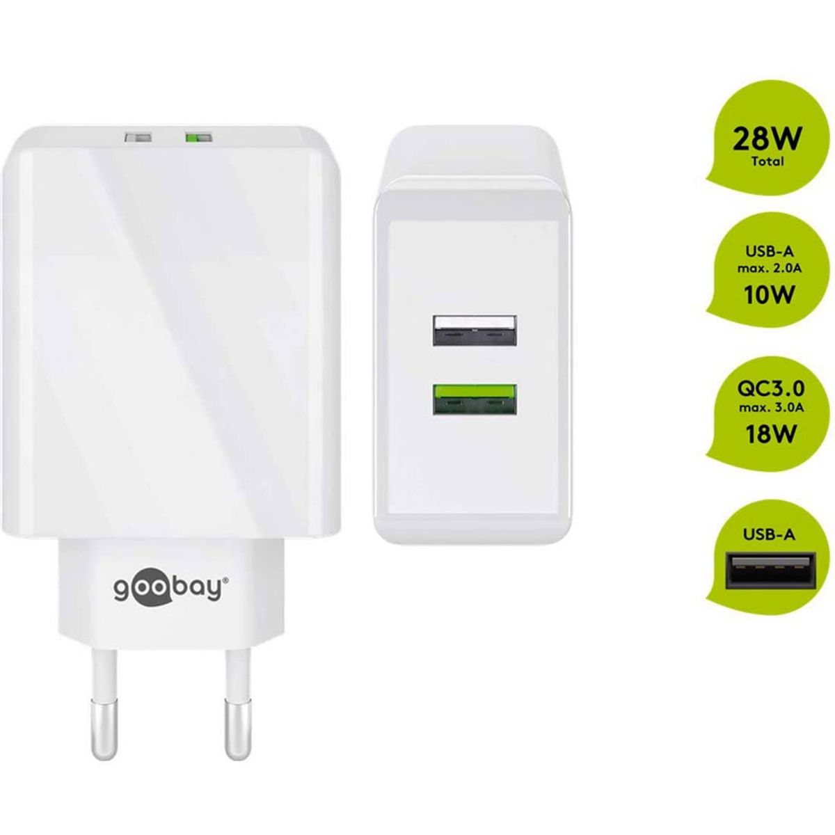 Dual USB Quick Charger - 3.0A - 2.0A - 28W - QC3.0 - Universal (44957)