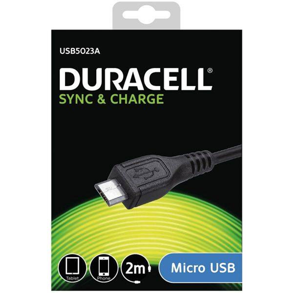 Duracell USB til Micro USB Kabel, 2m (Sort) - 1170632