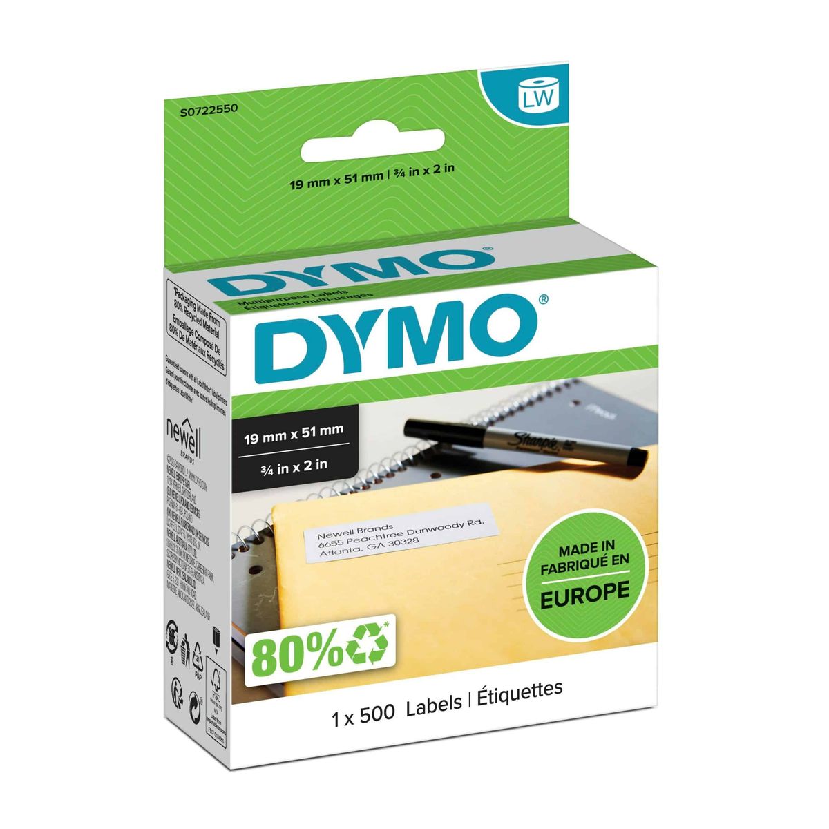 Dymo 11355 universaletiketter 500 stk. 19x51mm. Dymo - S0722550 - original