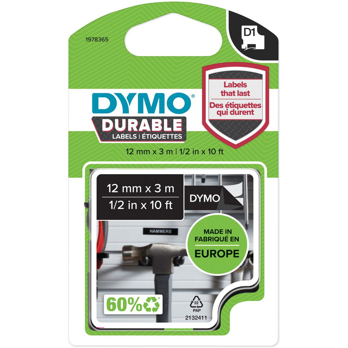 Dymo D1 Durable tape 1978365 hvid;sort 12 mm x 3 m