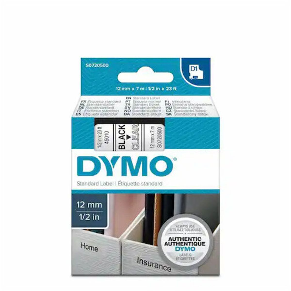 Dymo D1 labeltape, 45010 - 12 mm. 7 m. sort/klar