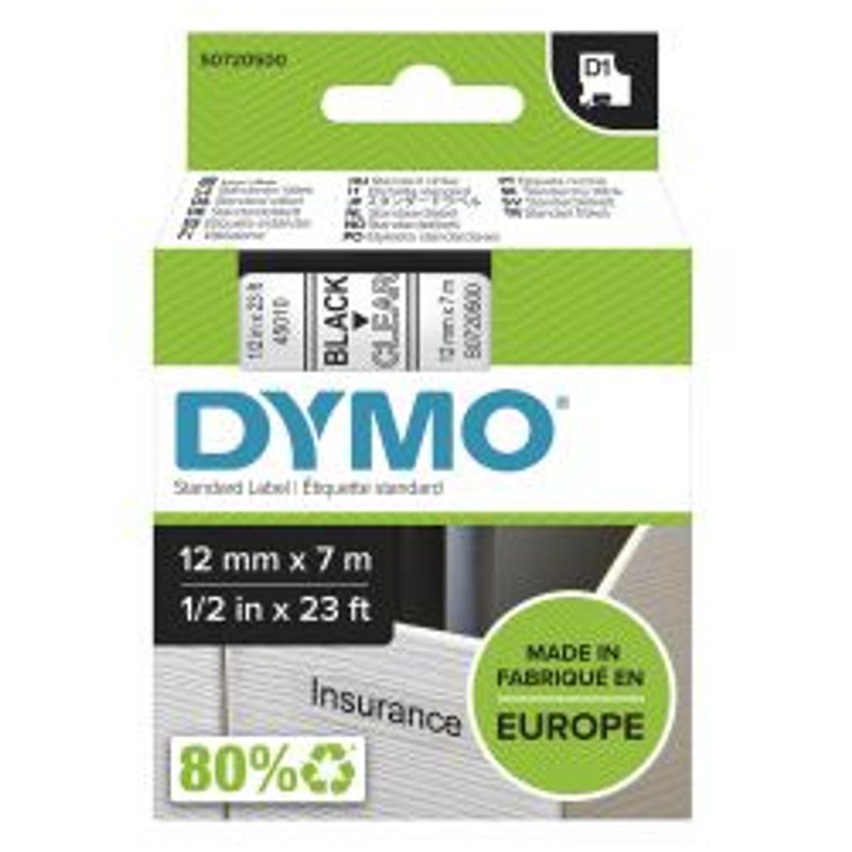 Dymo D1 Marking Tape 12mm Black Text Transparent Tape 7m-45010