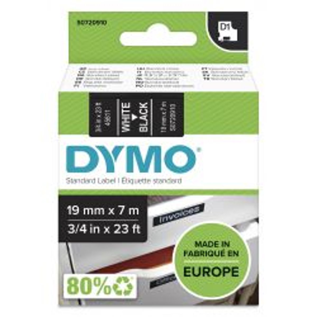 Dymo D1, Marking Tape, 19mm, White Text On Black Tape, 7m - 45811