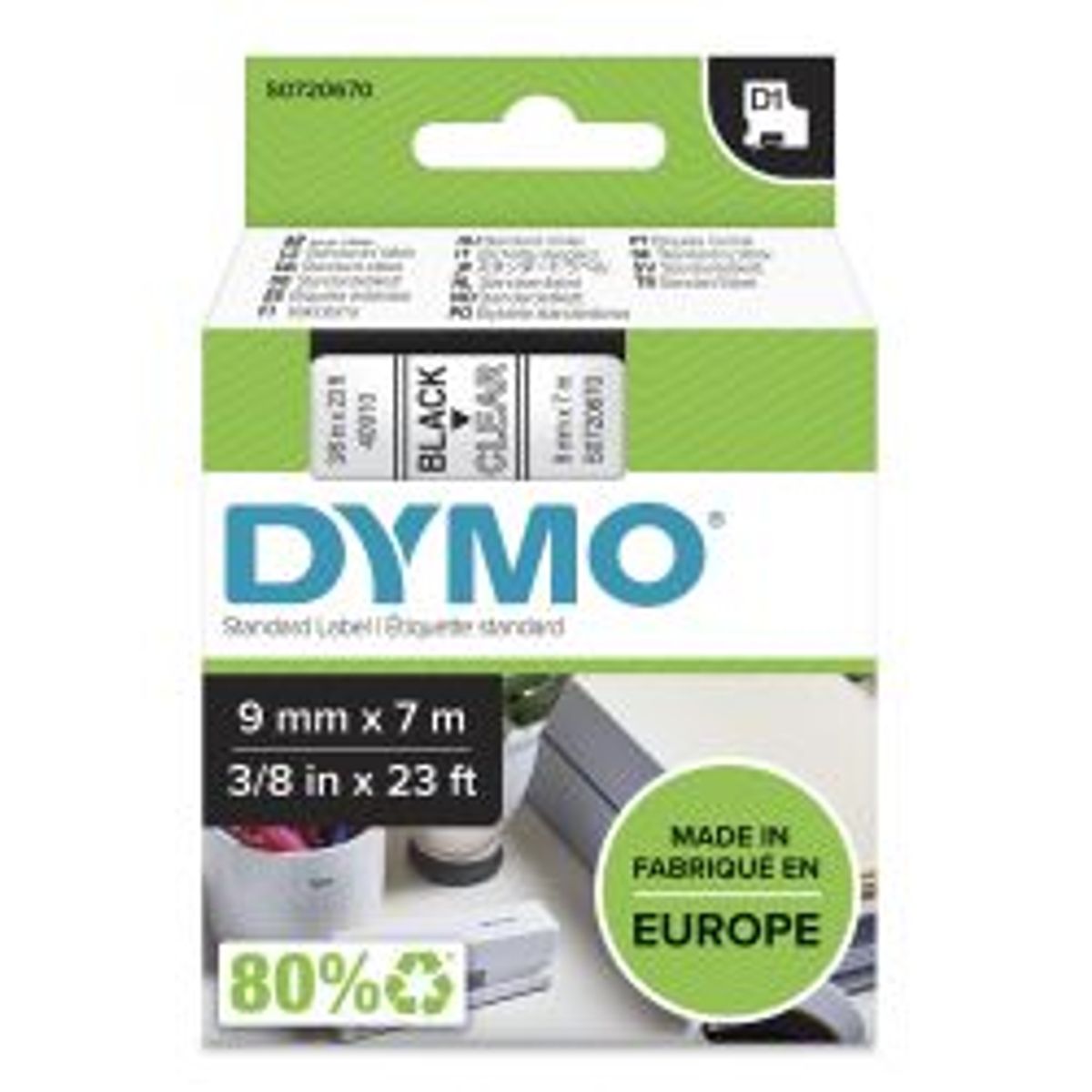 Dymo D1, Marking Tape 9mm Black Text Transparent Tape 7m-40910