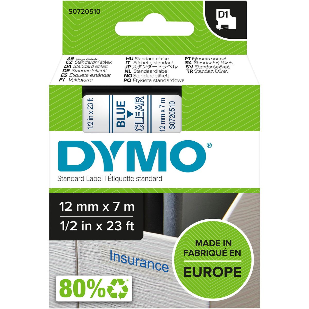 Dymo D1 standard tapekasette 12 mm bla;klar Polyester