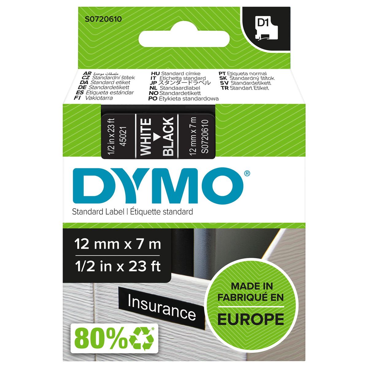 Dymo D1 standard tapekasette 12 mm hvid;sort Polyester