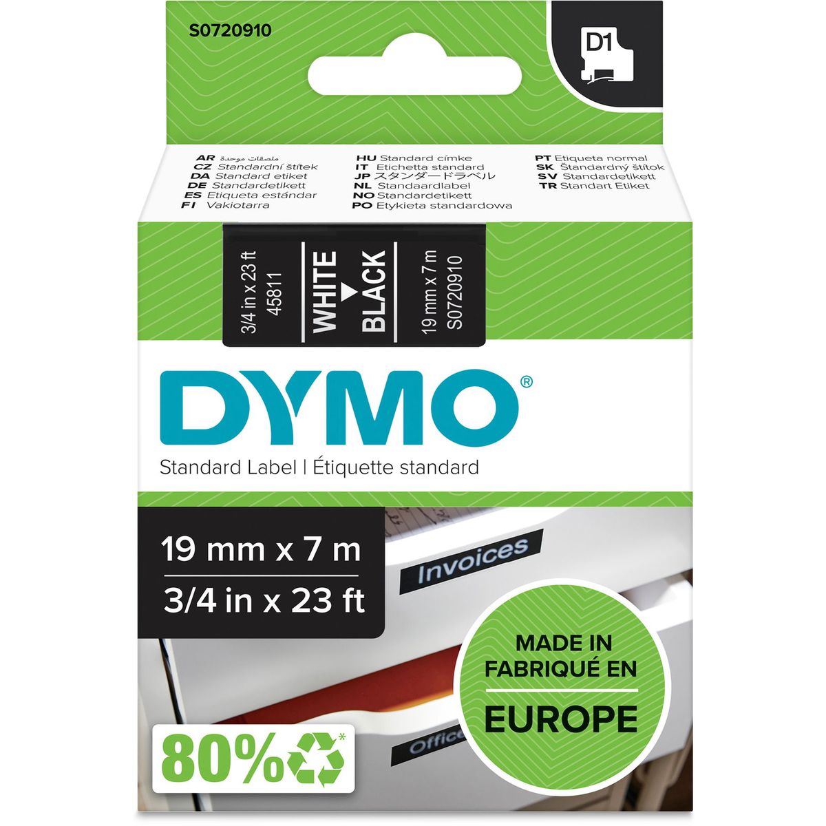 Dymo D1 standard tapekasette 19 mm hvid;sort Polyester