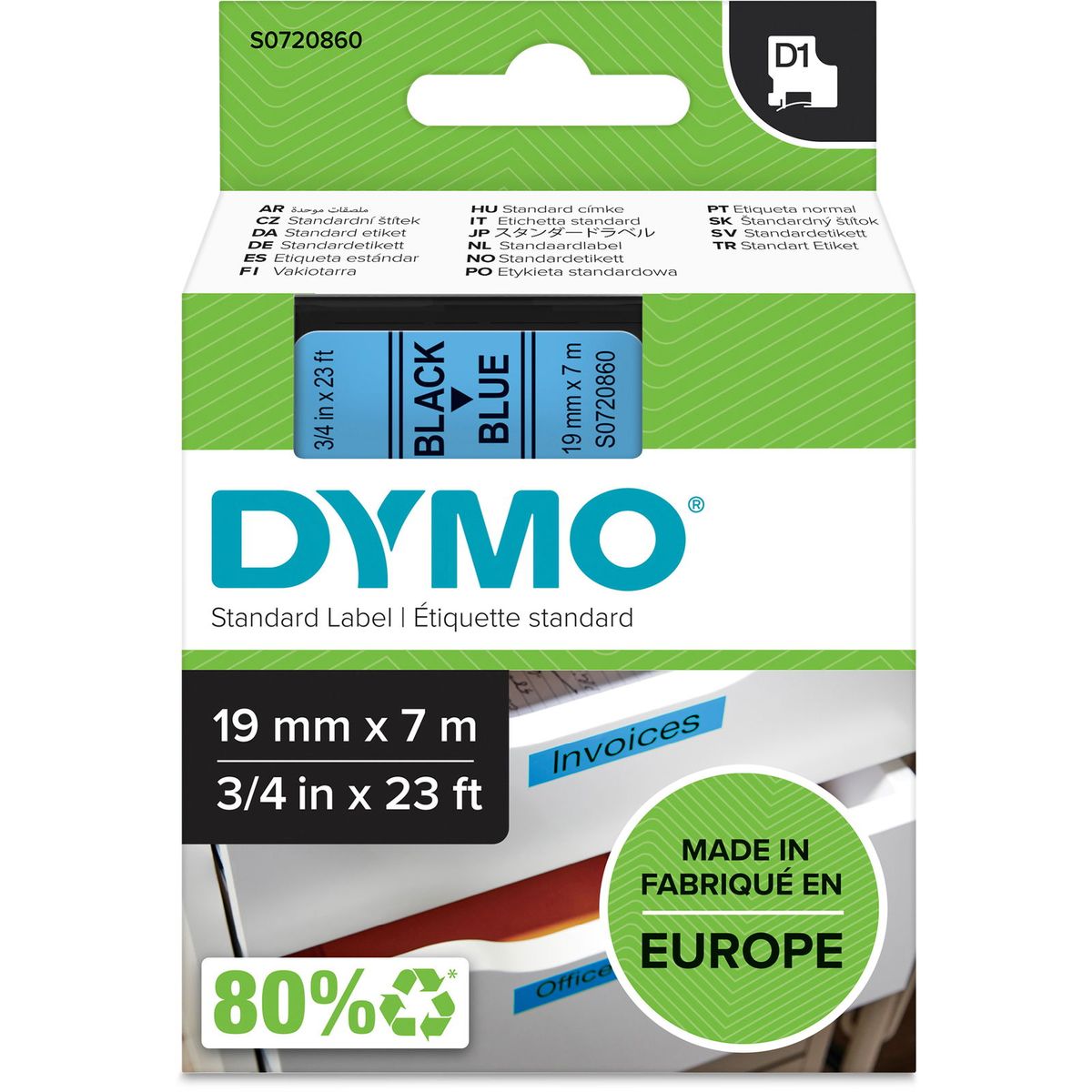 Dymo D1 standard tapekasette 19 mm sort;bla Polyester