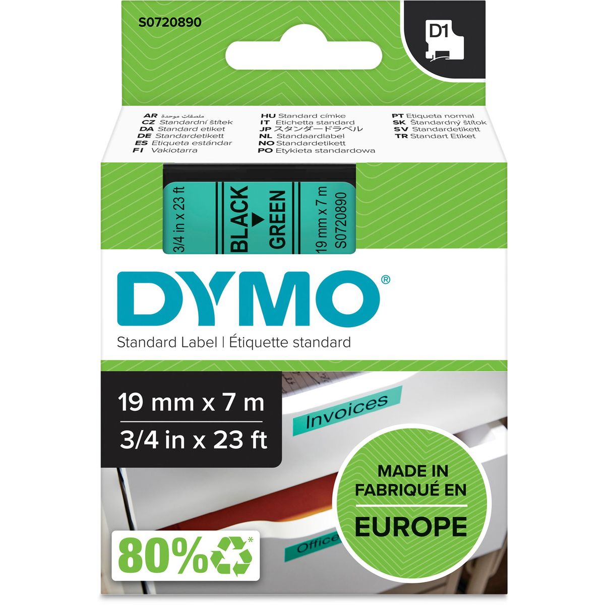 Dymo D1 standard tapekasette 19 mm sort;gron Polyester