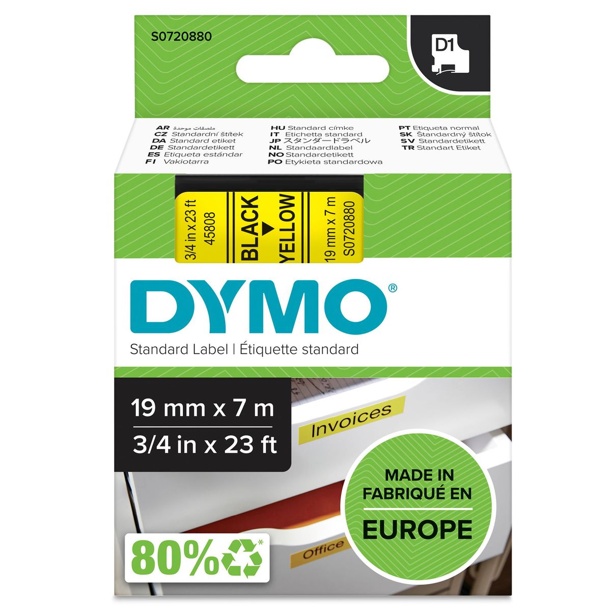 Dymo D1 standard tapekasette 19 mm sort;gul Polyester