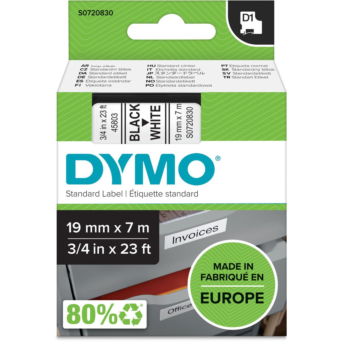 Dymo D1 standard tapekasette 19 mm sort;hvid Polyester