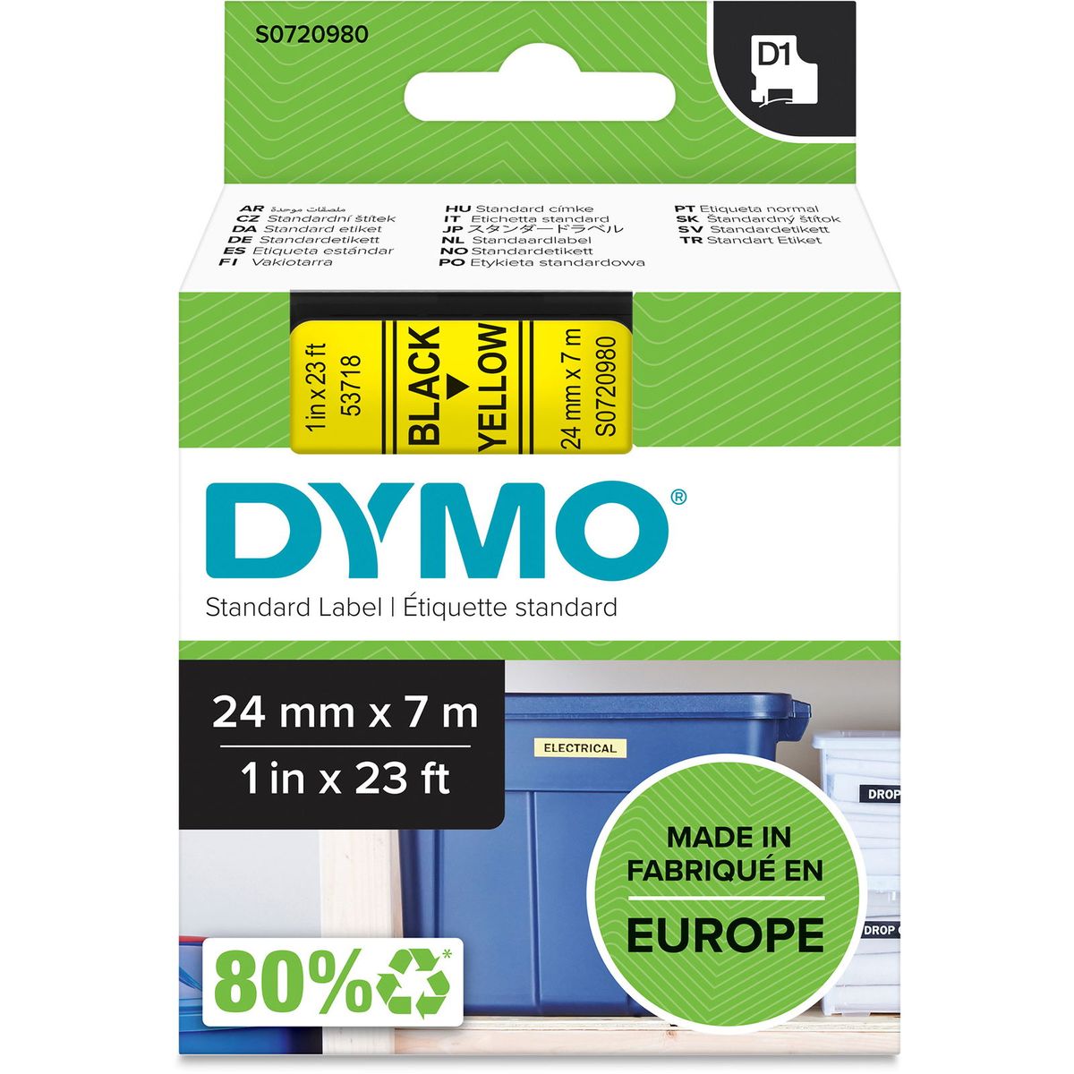 Dymo D1 standard tapekasette 24 mm sort;gul Polyester