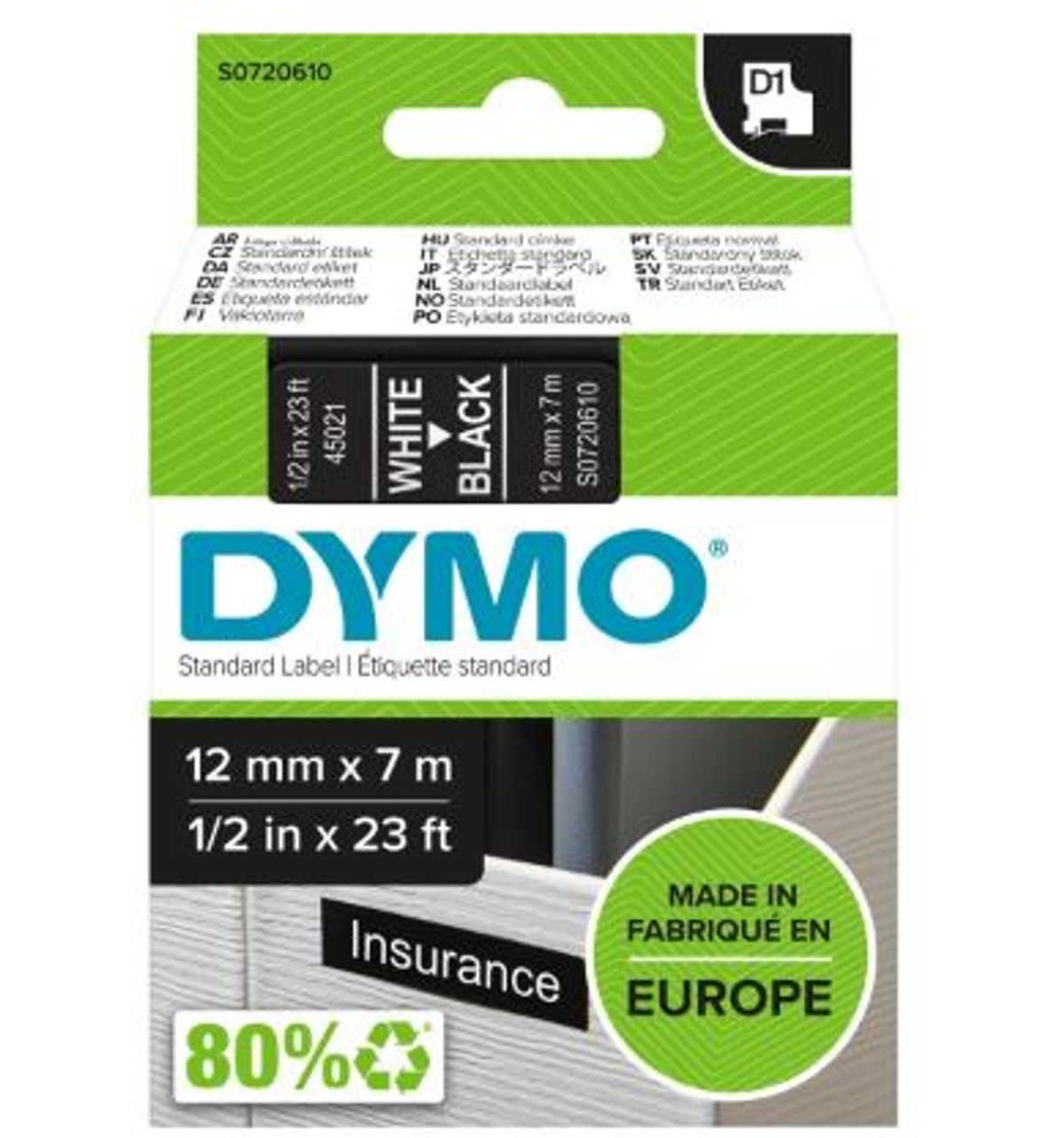 Dymo D1-tape S0720610 / 45021 12mm x 7m hvid på sort