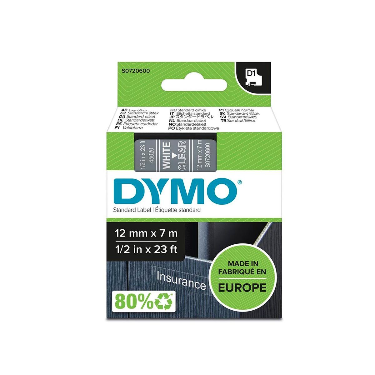 DYMO Labeltape D1 hvid/klar, 12mm