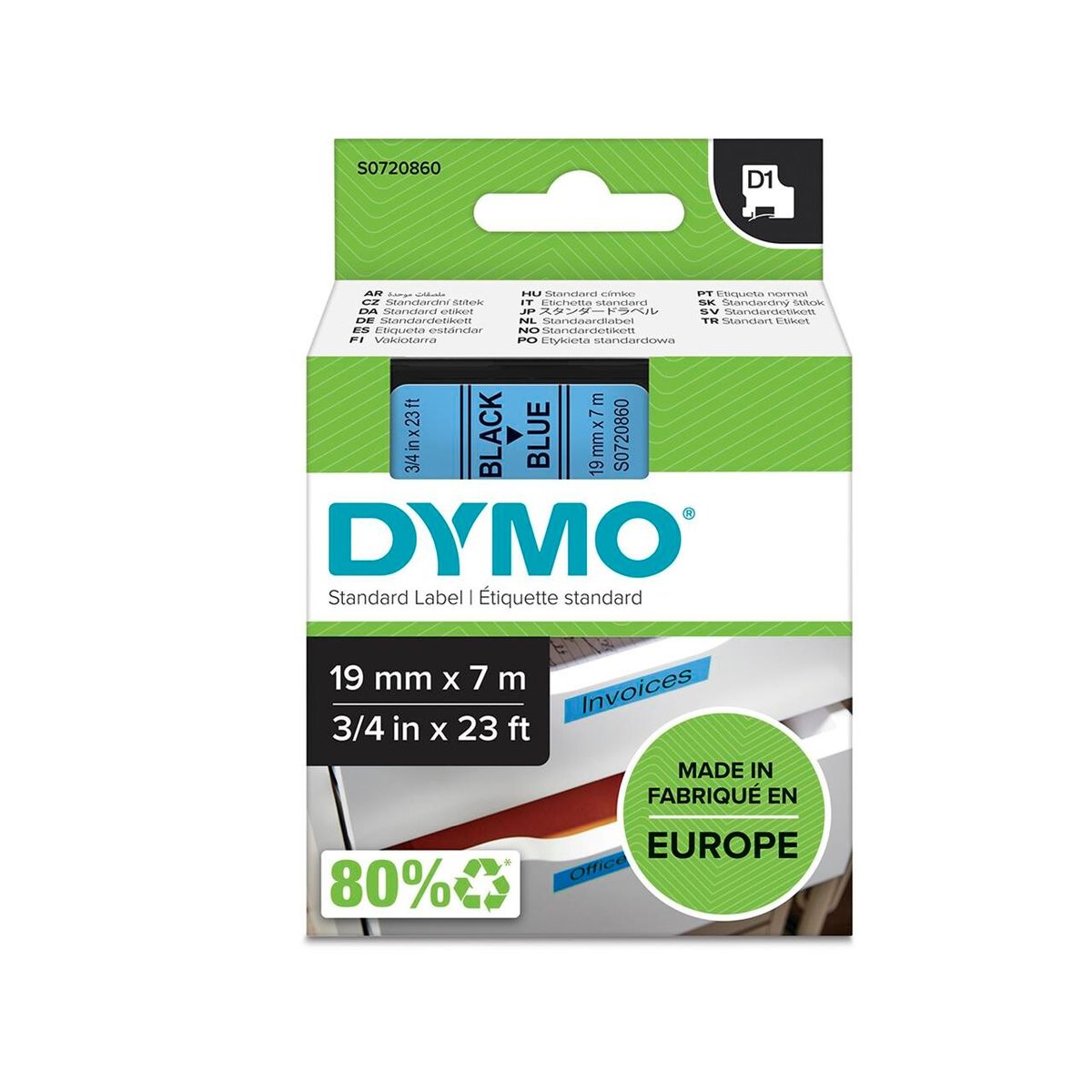 DYMO Labeltape D1 sort/blå 19mm