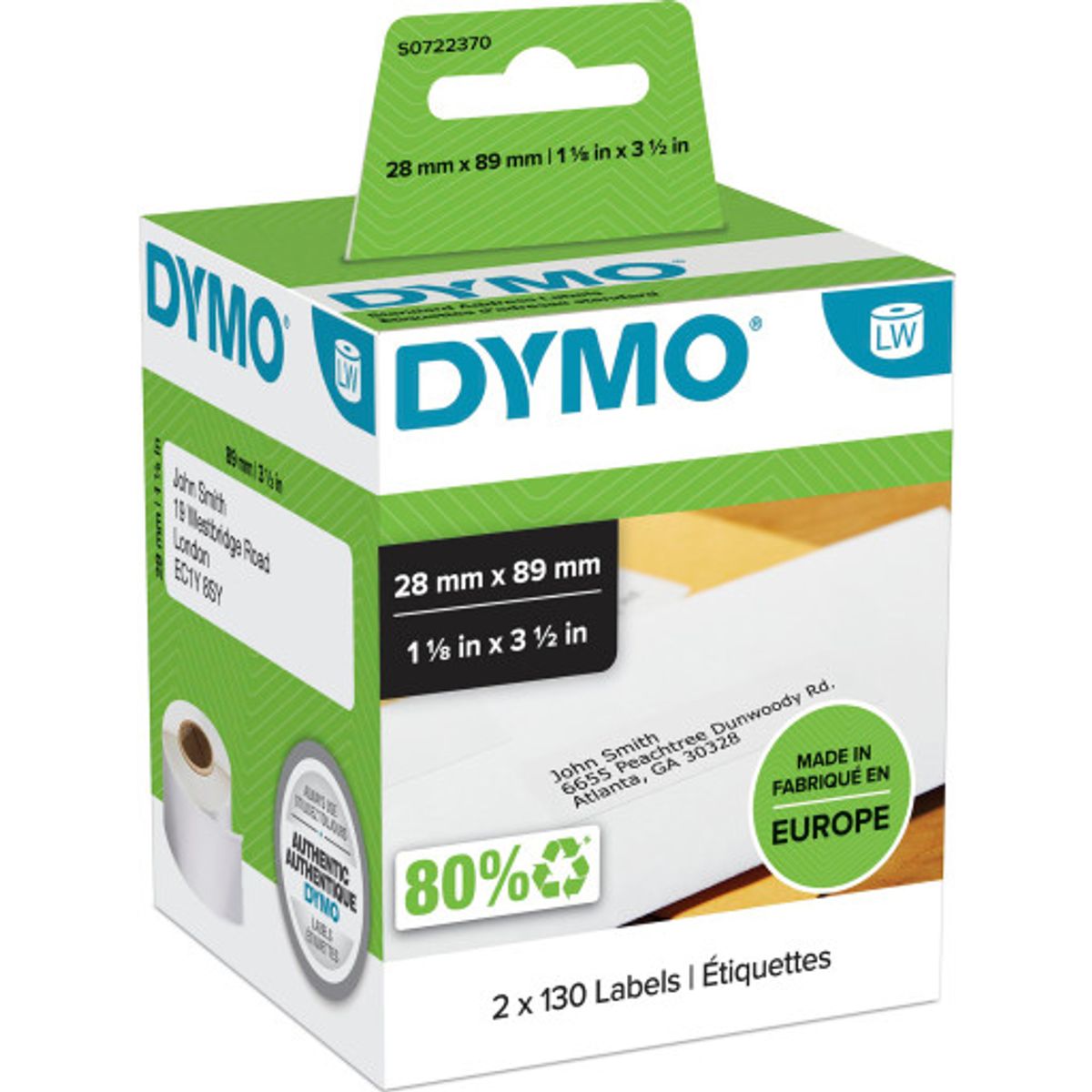 DYMO® LabelWriter etiketter, 28 x 89 mm, 2 x 130 stk.