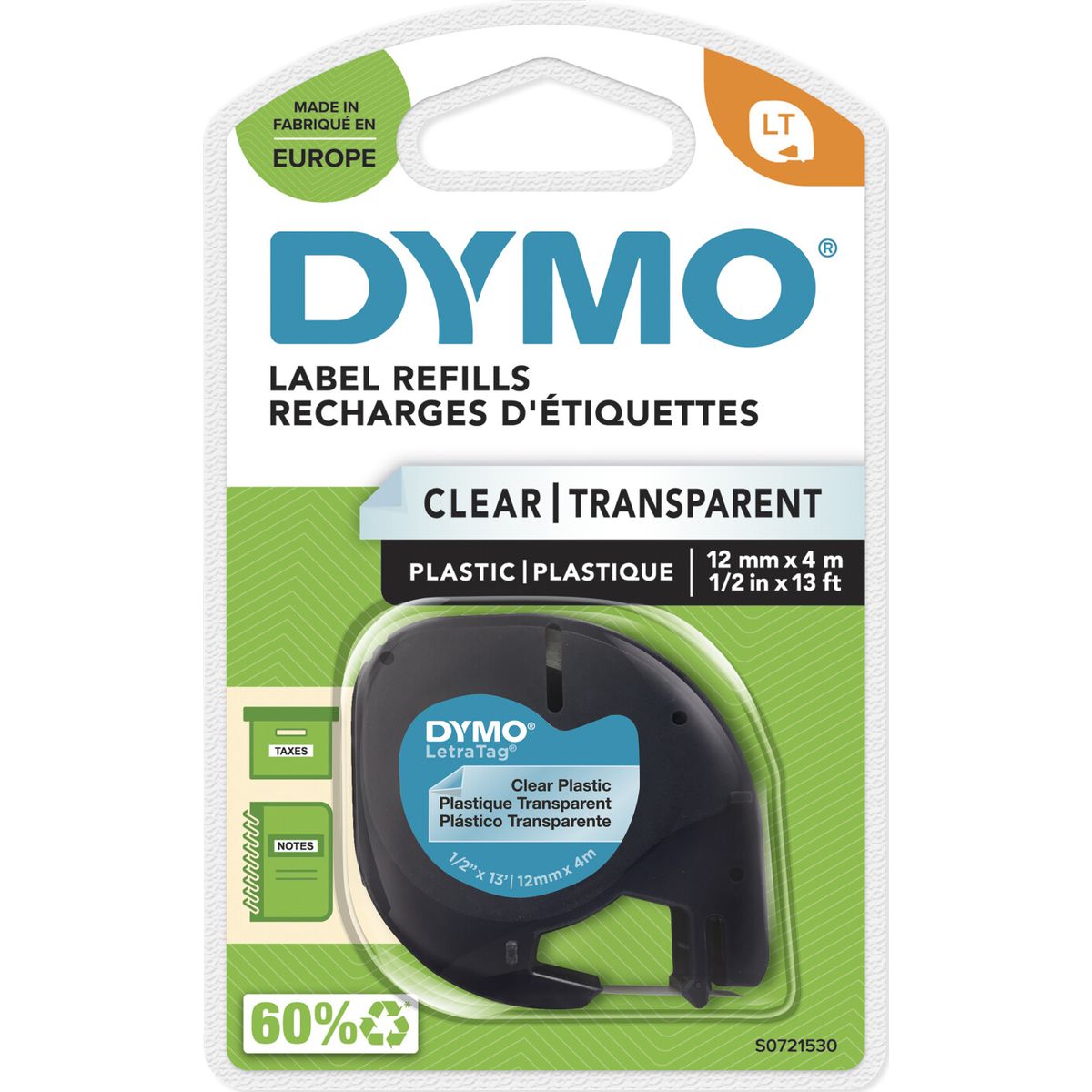 Dymo - Letratag® Tape Plastic 12mm X 4m Black On Clear (s0721530)