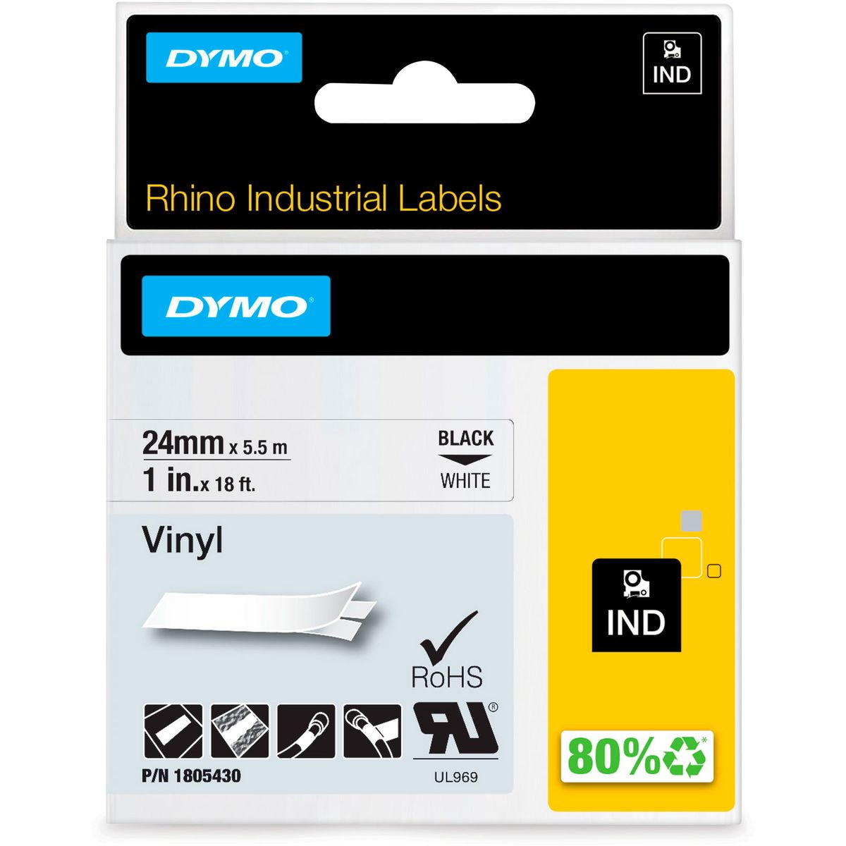 Dymo Rhino colored vinyl tape 1805430 sort;hvid 24 mm x 5.5 m