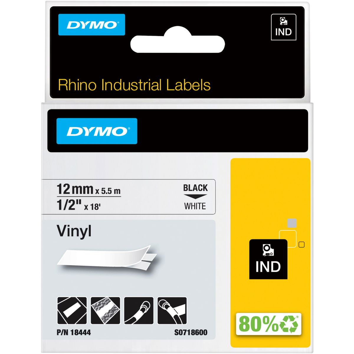 Dymo Rhino colored vinyl tape 18444 sort;hvid 12 mm x 3.5 m