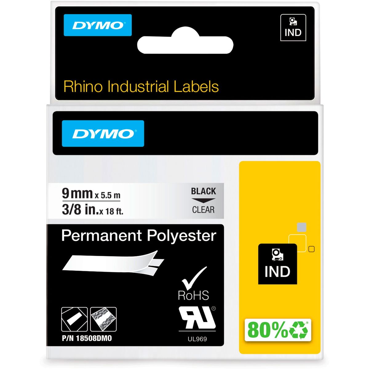 Dymo Rhino permanent polyester tape 18508DMO sort;klar 9 mm x 5.5 m