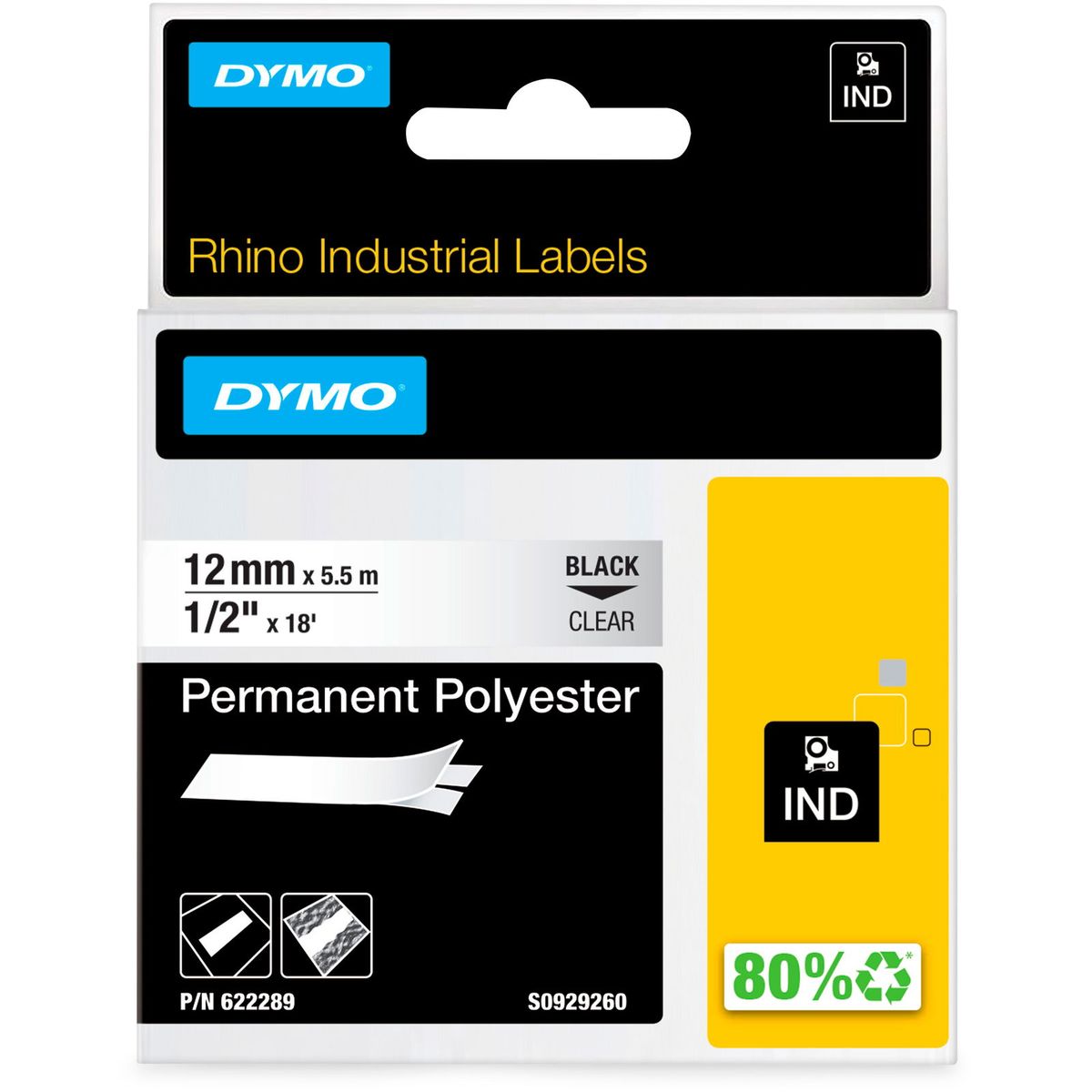 Dymo Rhino permanent polyester tape 622289 sort;klar 12 mm x 5.5 m