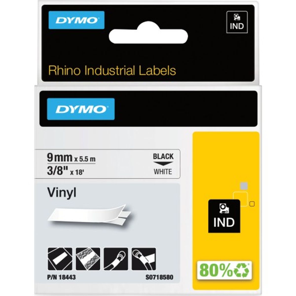 DYMO® Rhino tape, vinyl, 9 mm, sort på hvid