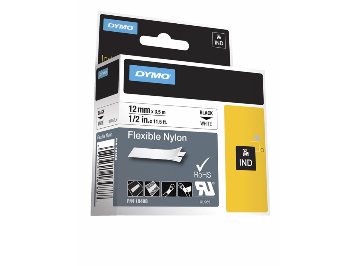 Dymo Tape Rhino 12mm Nylon Flex Sort/hvid 18488