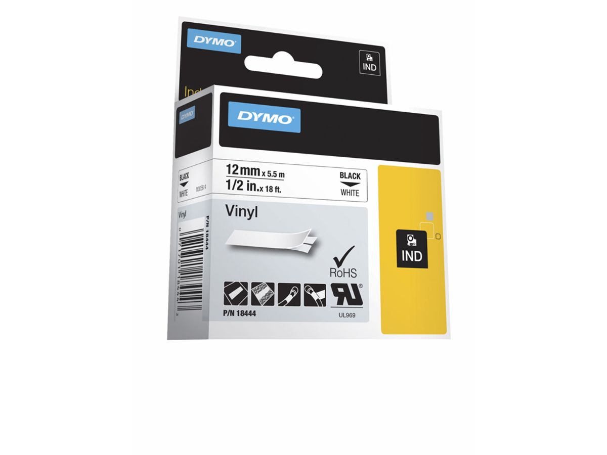 Dymo Tape Rhino 12mm Vinyl Sort/hvid 18490