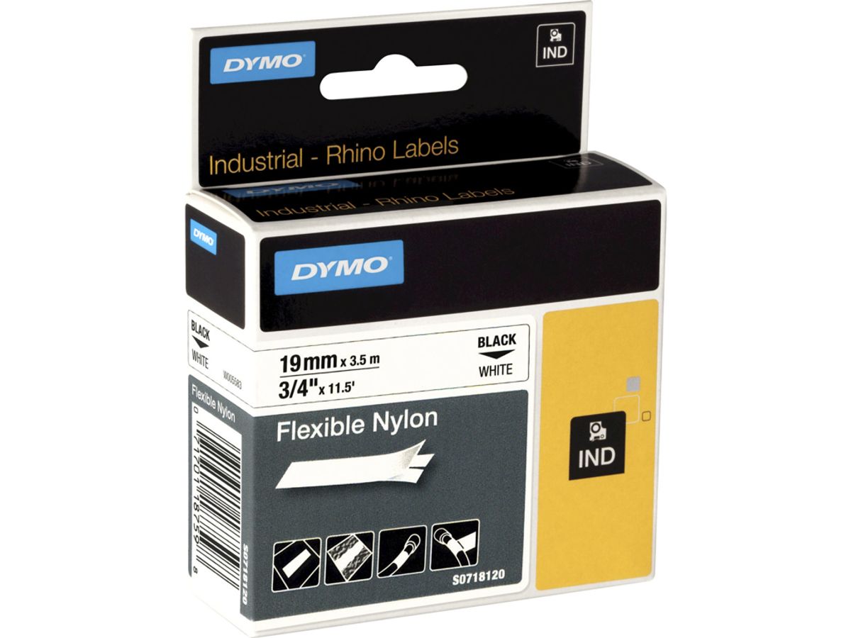 Dymo Tape Rhino 19mm Nylon Flex Sort/hvid 18489