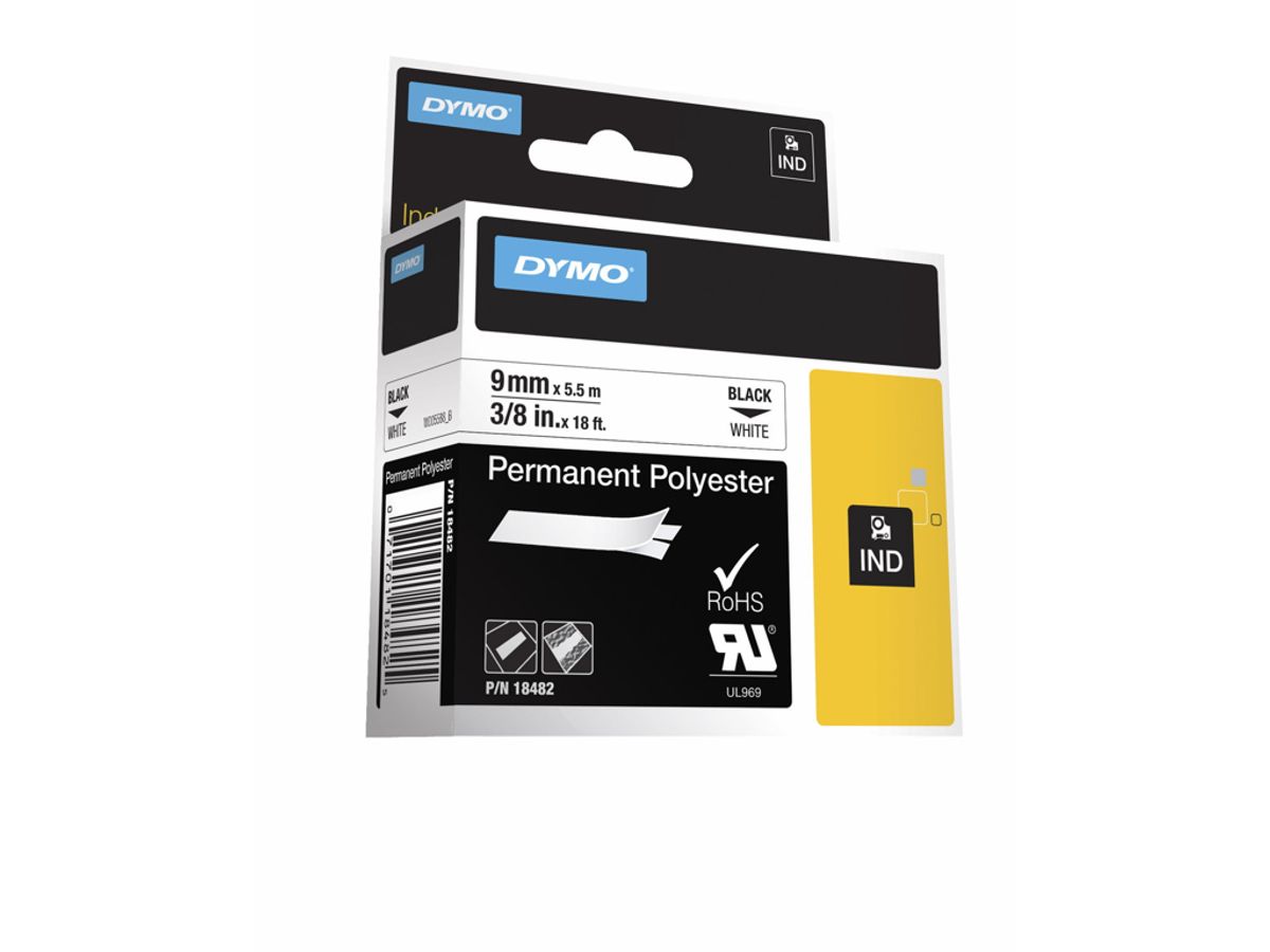 Dymo Tape Rhino 9mm Polyester Sort/hvid 18482