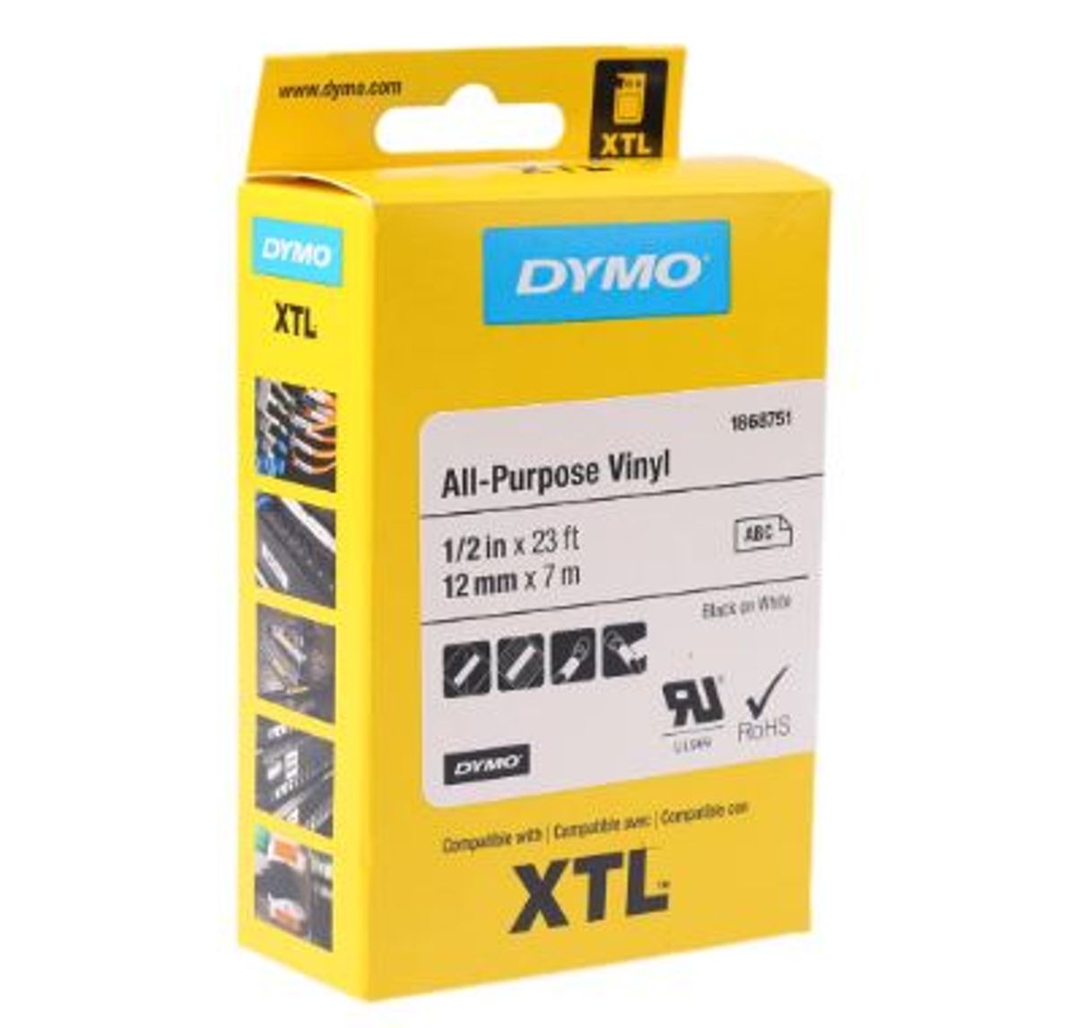 Dymo XTL all purpose vinyl sort på gul 12mm x 7m