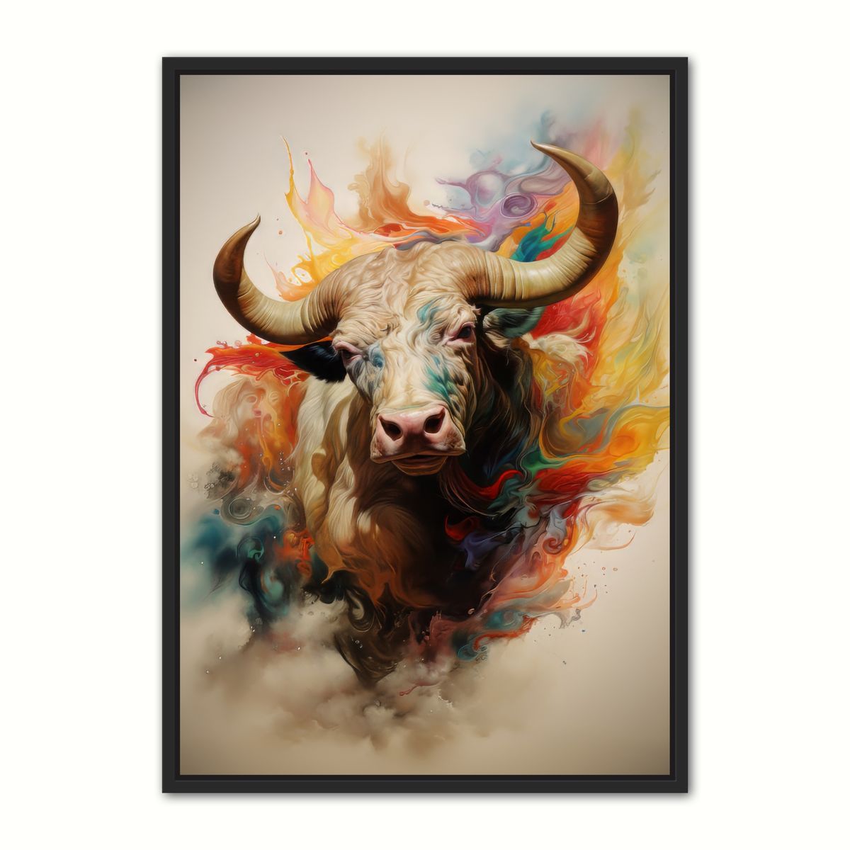 Dynamic Bull in Nebulous Rainbows - Lrred 70 x 100 cm - med guld luksus svæveramme