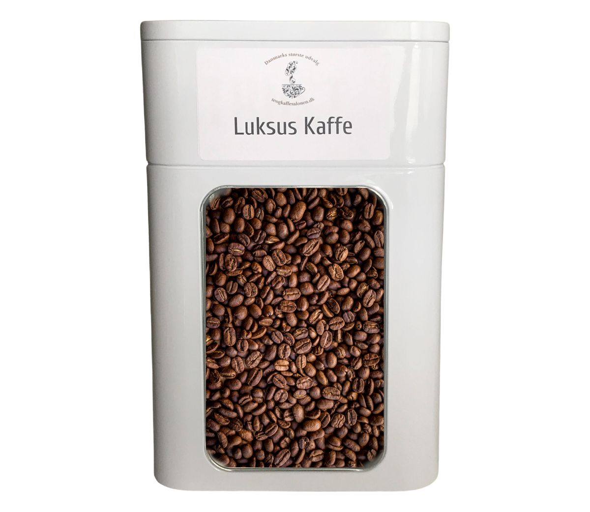 Dåse inkl 1 kg gourmet kaffebønner (hvid metal med vindue)