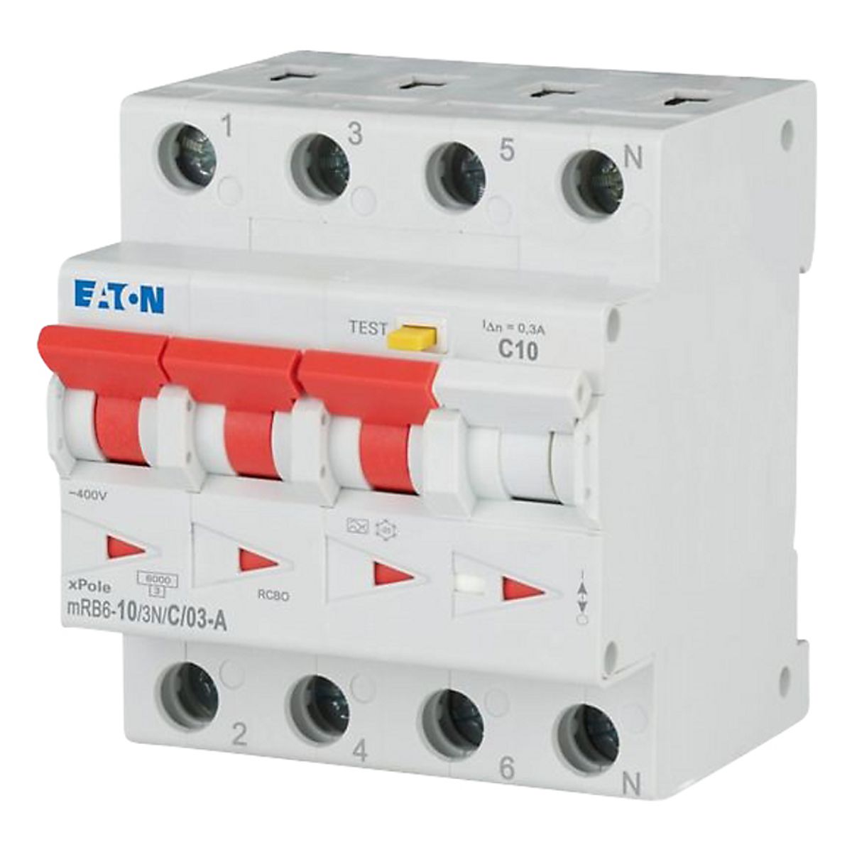 Eaton Kombiafbryder, 10A 300 mA Mcb Trip Type: C, 3P+N,Kara: A, Mrb6-10/3N/C/03-A