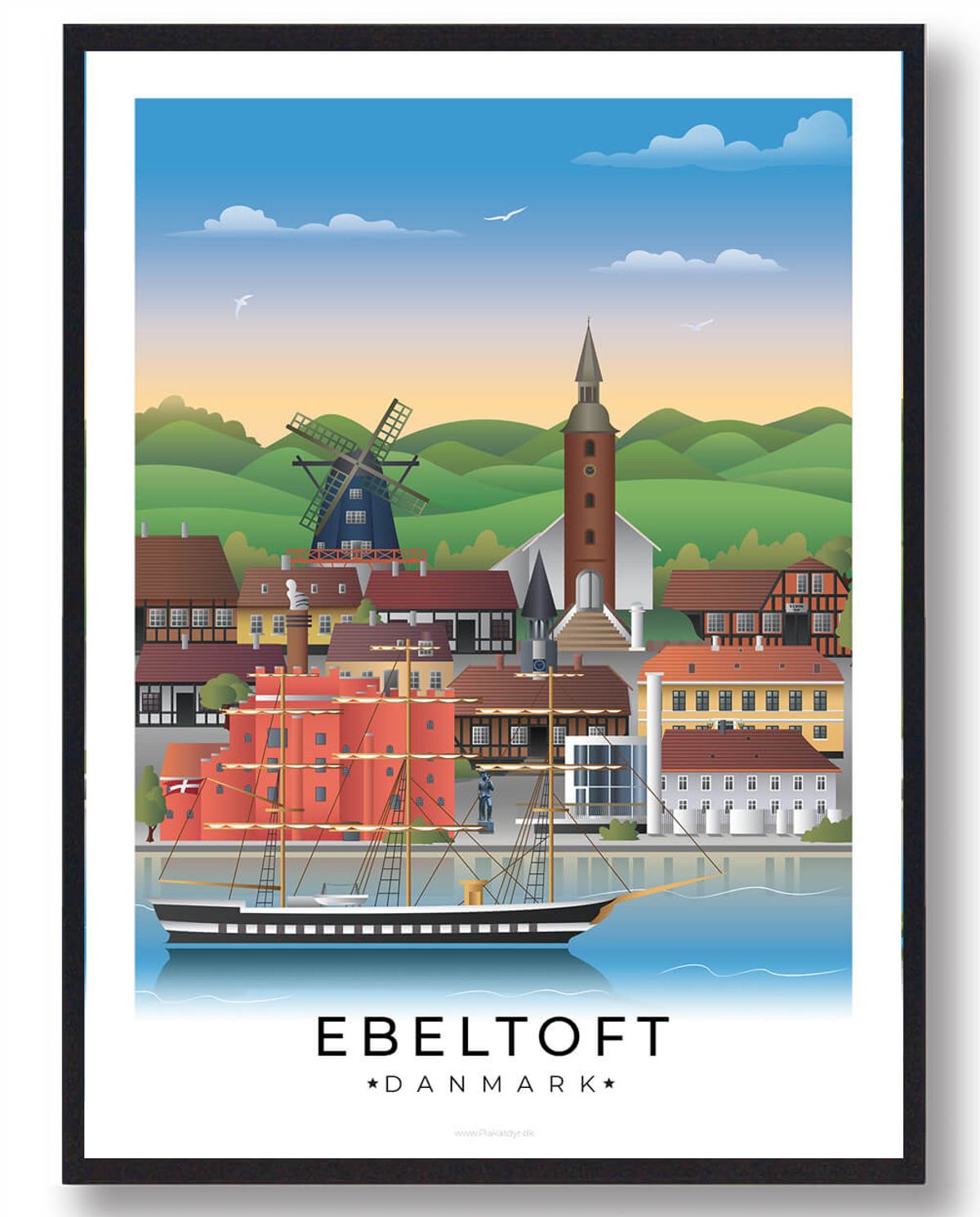 Ebeltoft byplakat med hvid kant (RESTPARTI) (Størrelse: M - 30x40cm)