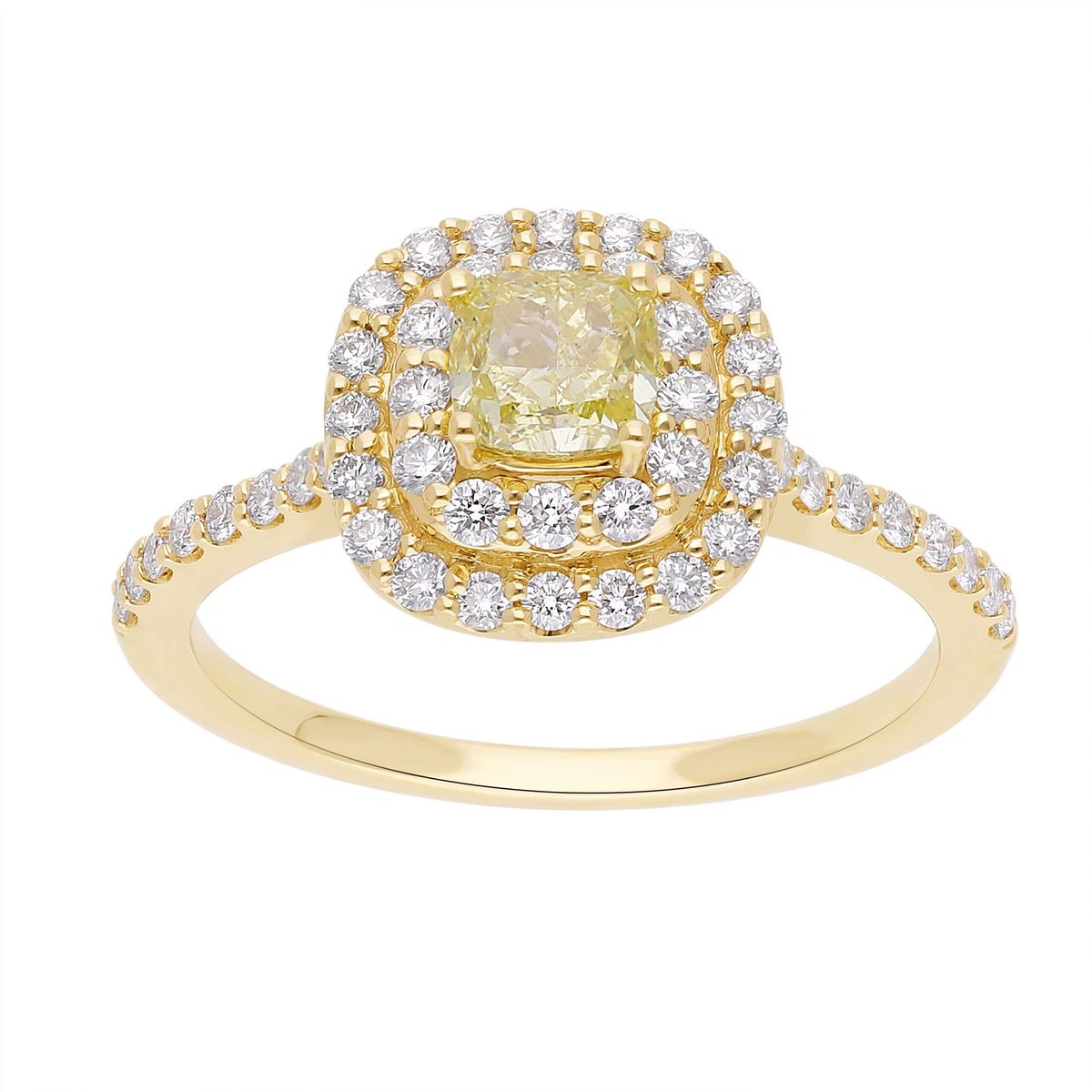 Eksklusiv diamantring, 18 kt. guld eller Hvidguld, med 0.46 ct Cushion cut Fancy Yellow diamant i alt 0.92 ct - 50