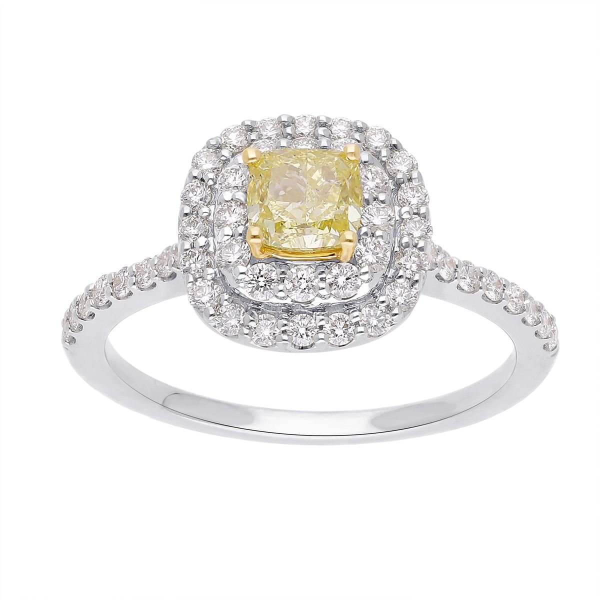 Eksklusiv diamantring, 18 kt. guld eller Hvidguld, med 0.46 ct Cushion cut Fancy Yellow diamant i alt 0.92 ct - 51