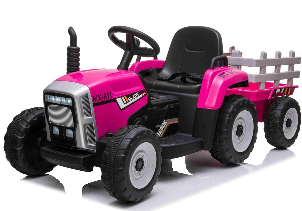 EL Traktor med anhænger Pink 12V m/2.4G, Kunstlædersæde, Gummihjul