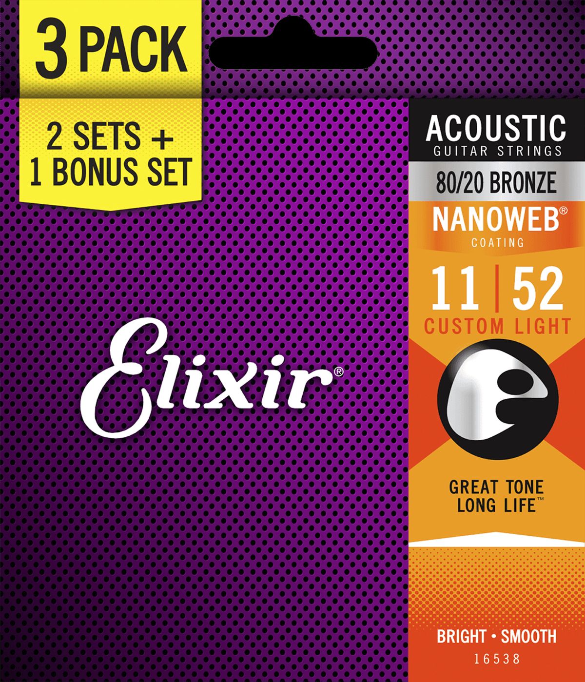 Elixir Nanoweb ACOUSTIC 80/20 BRONZE 16538 3 PACK 11-52 Custom Light