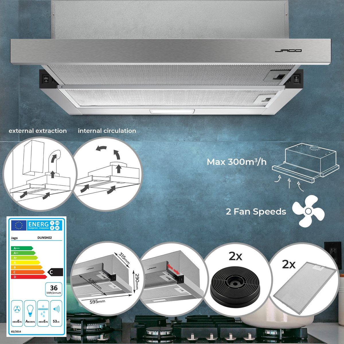 Emhætte - 60cm, udsugnings-/recirkulationsluft, med 2 aktivkulfiltre, 300 m ³/h, 2 ventilatorniveauer, ventileret ovenfra, rustfrit stål