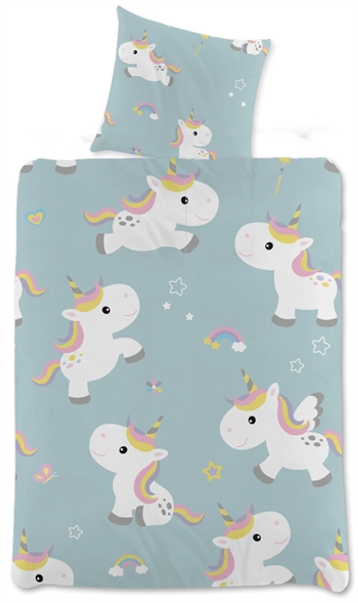 Enhjørning sengetøj - 100x140 cm - Unicorn og regnbue junior sengetøj - 2 i 1 design - Sengesæt i 100% bomuld