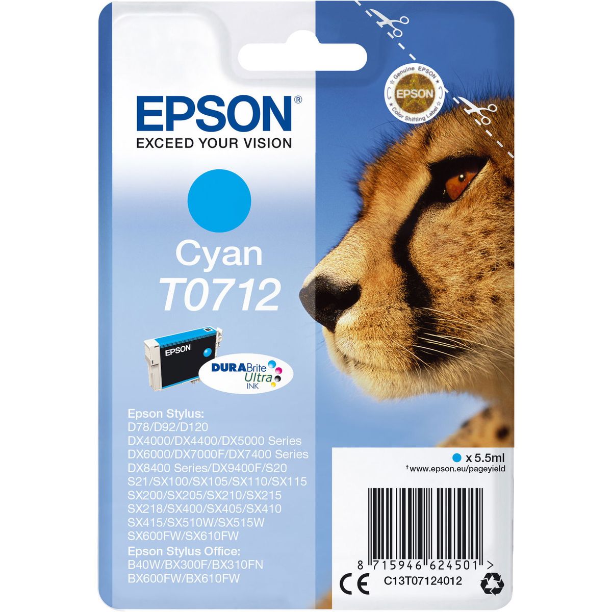 Epson T0712 C13T07124012 Cyan Blækpatron, 250 sider