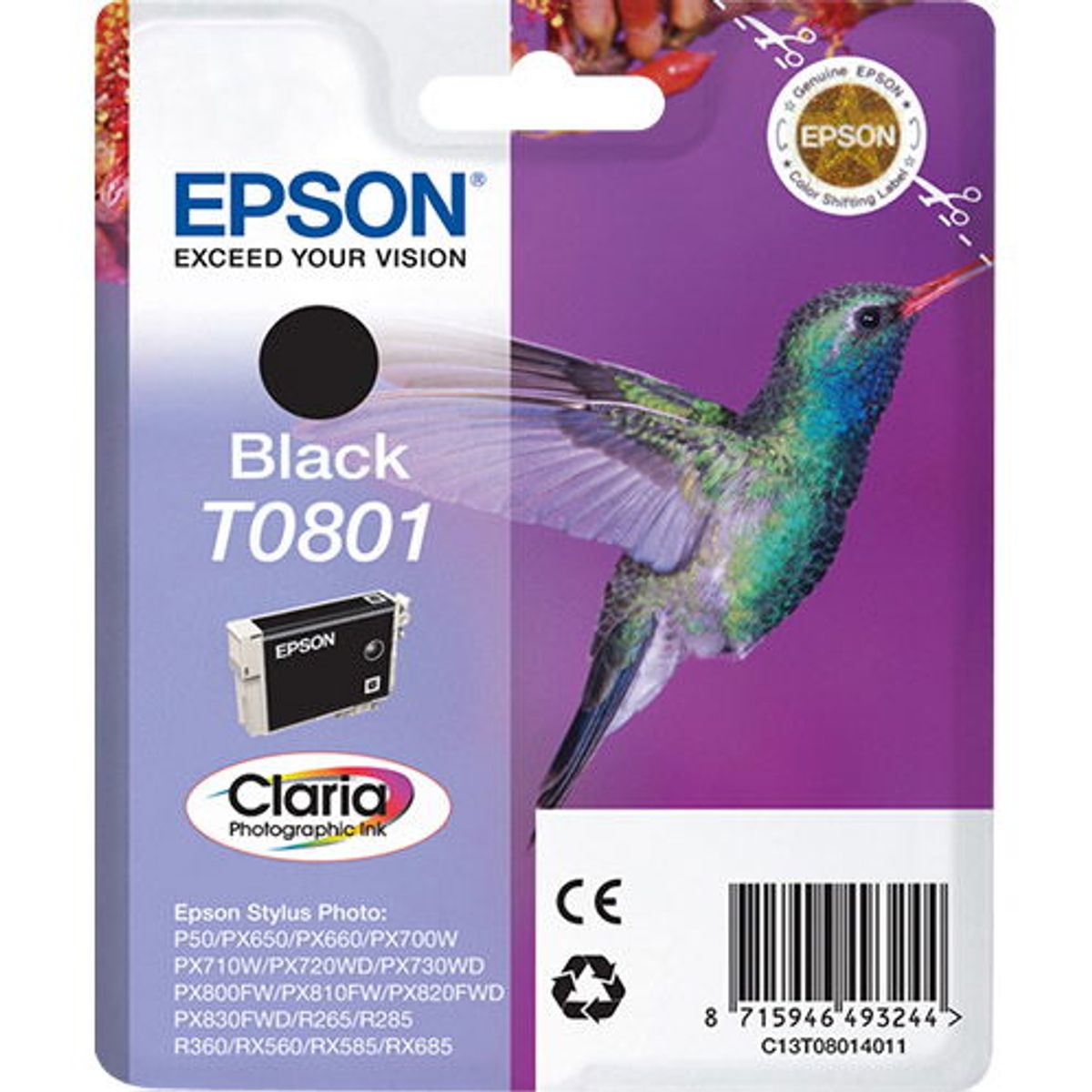 Epson T0801 C13T08014011 sort blækpatron, 300 sider