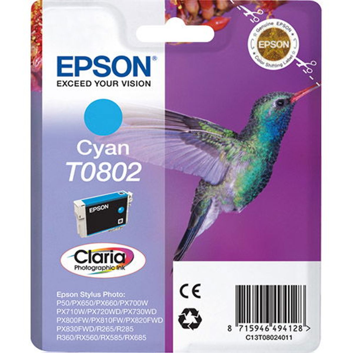 Epson T0802 C13T08024011 Cyan Blækpatron, 350 sider